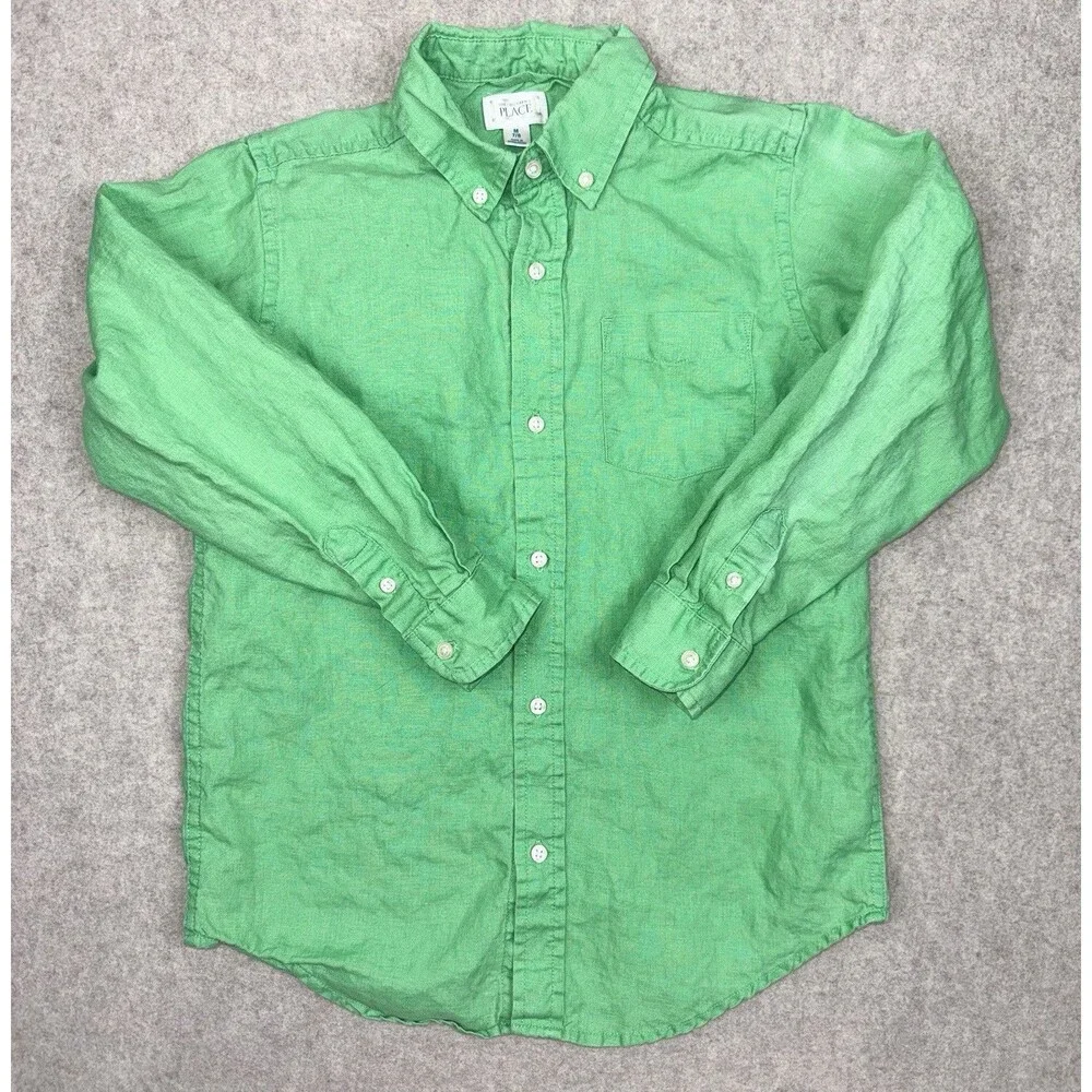 The Children’s Place Boys M (7/8) Long Sleeve Green Shirt 100% Linen